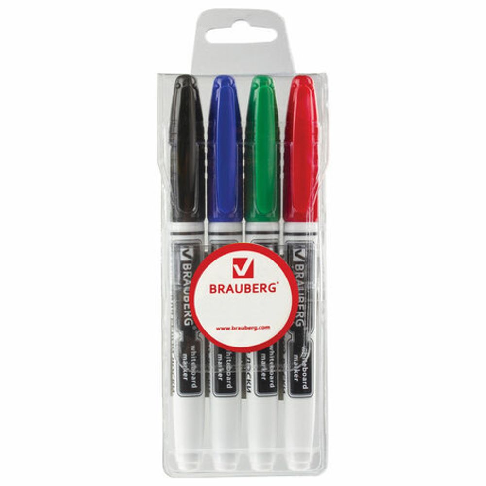 Маркеры стираемые для белой доски НАБОР 4 ЦВЕТА, BRAUBERG, 4 мм, эргономичный корпус, 150850