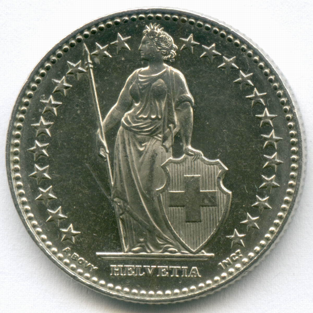 2 франка 2009 год. Швейцария. Медно-никель AUNC