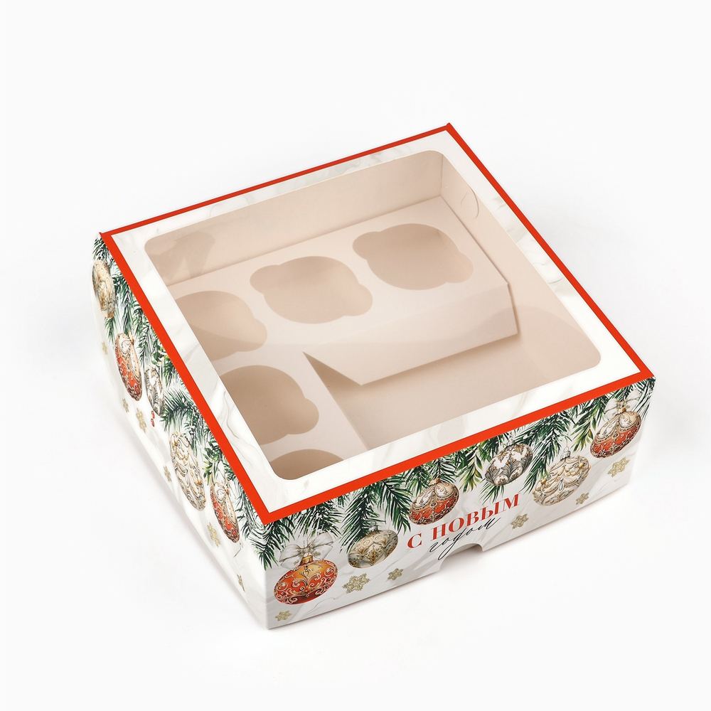 Коробка для капкейков и бенто торта "С Новым Годом" шары 25*25*10 см