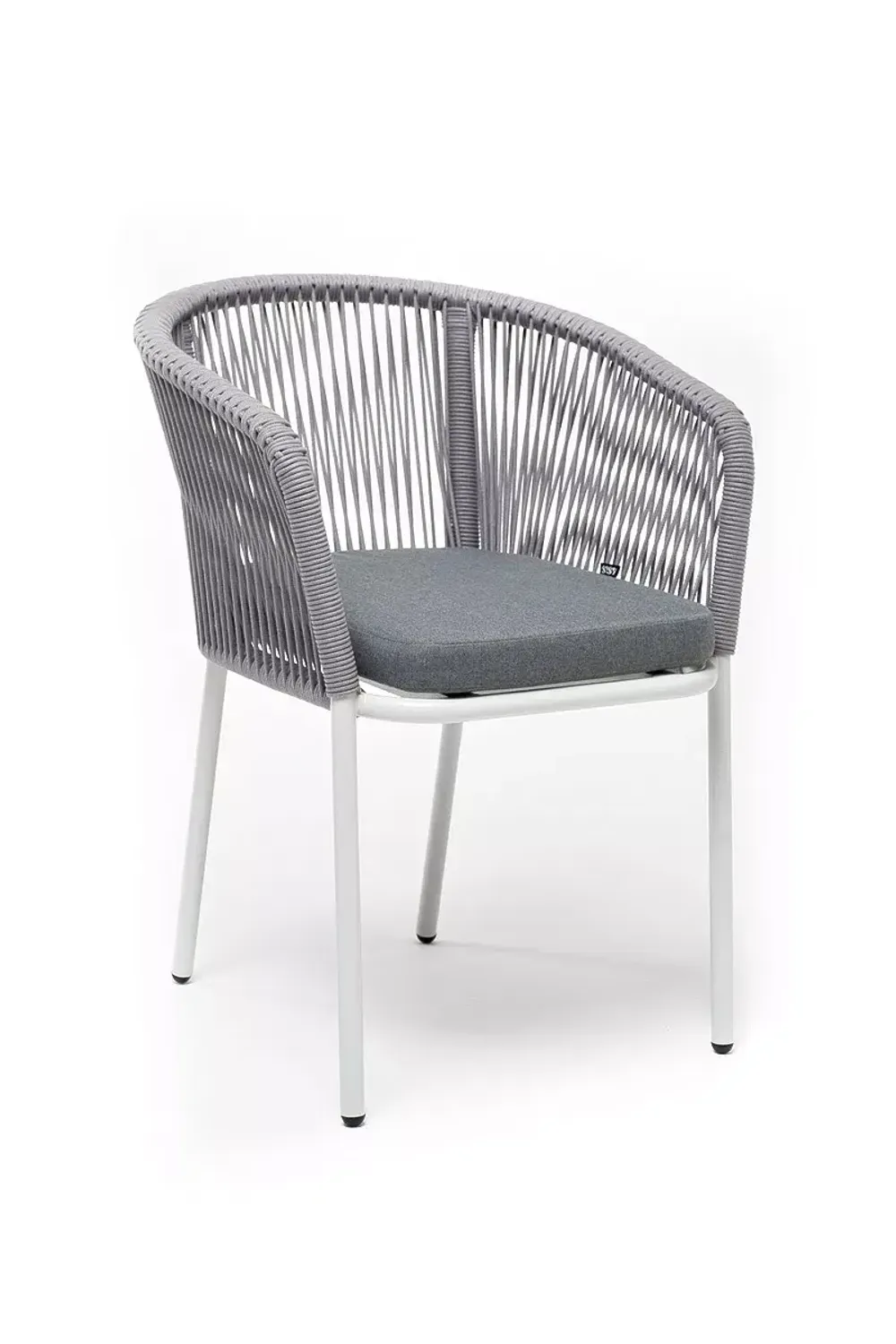 "Марсель" стул плетеный из роупа, каркас алюминий белый муар, роуп светло-серый круглый, ткань светло-серая