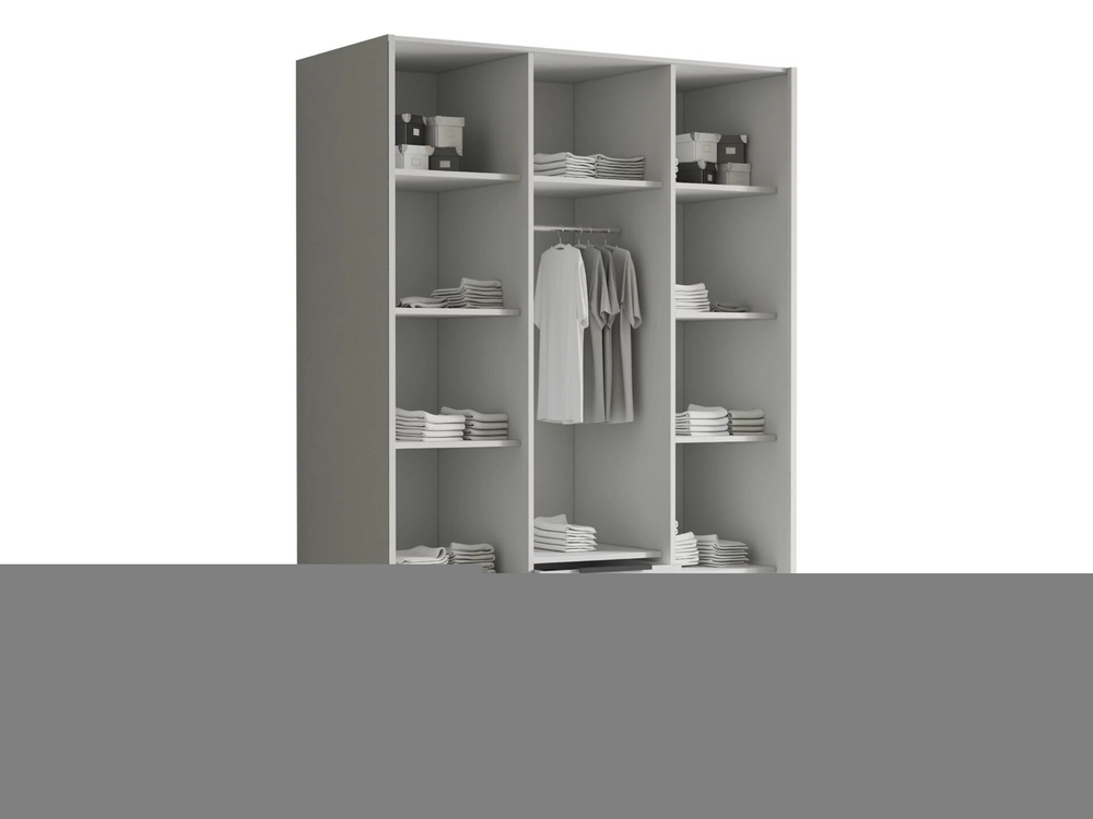 Распашной трехсекционный шкаф Эмма (с зеркалом и 2 ящиками) с золотыми ручками Белый снег 8685 BS  150*50*240