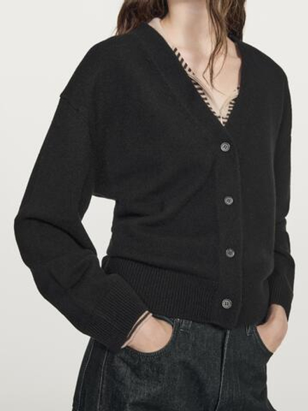 Massimo Dutti Кардиган из смесовой шерсти с V-образным вырезом, черный