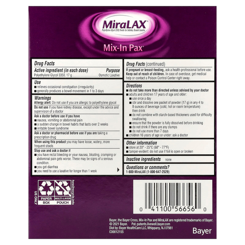 MiraLAX, Mix-In Pax®, без зерен, без добавок, 20 пакетиков по 17 г (0,5 унции)