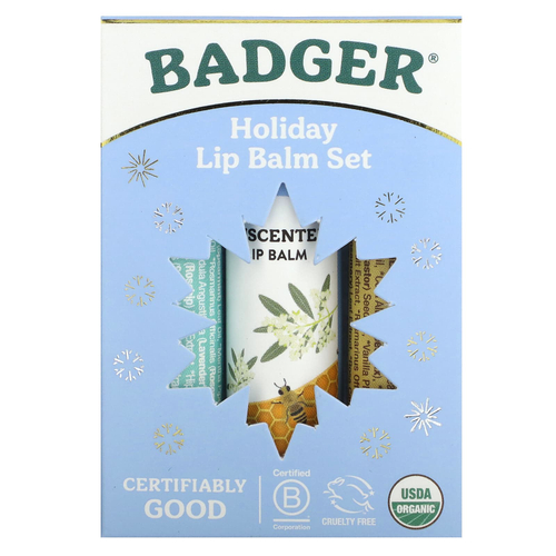 Badger, Праздничный набор бальзамов для губ, синяя упаковка, 3 шт. по 4,2 г (0,15 унции)