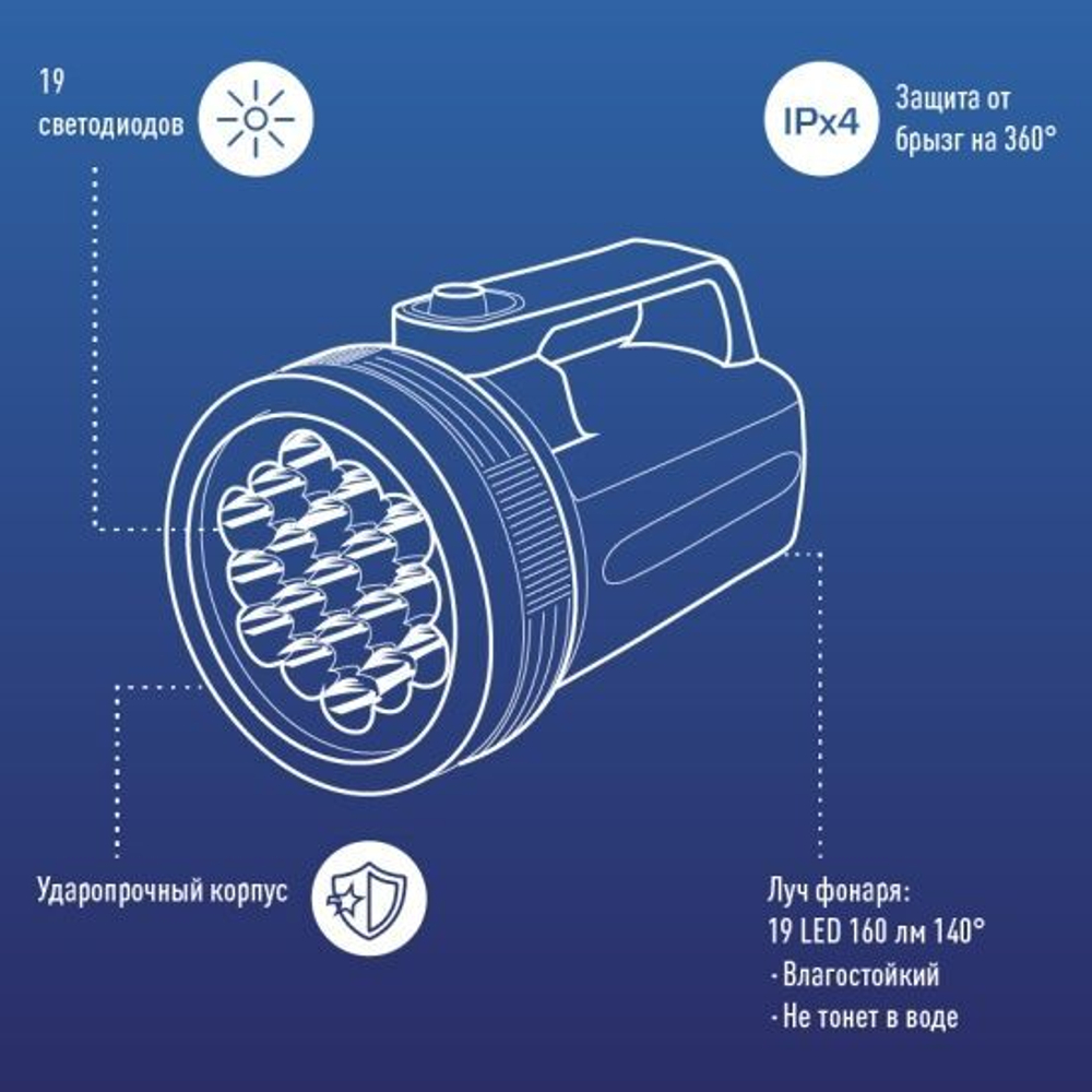 Светодиодный фонарь 19хLED, питание от 4хR20 КОСМОС KOC860LED