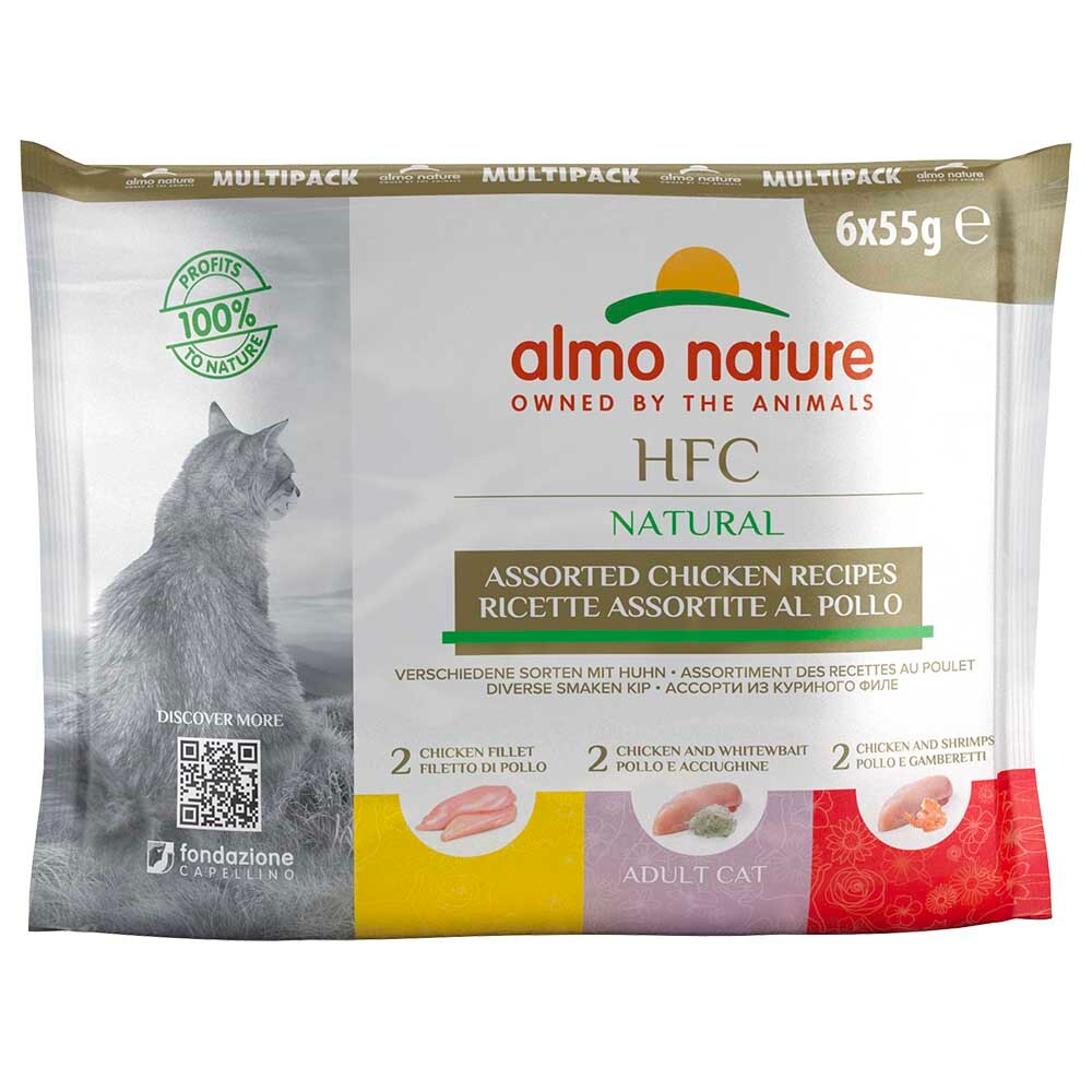Almo Nature консервы для кошек "HFC Natural" с ассорти из курицы (50% мяса) 6 штук по 55 г набор пакетиков