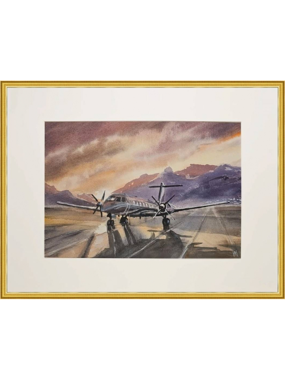 Картина авторская акварельная в паспарту 30х40 см на стену для интерьера "На взлётно-посадочной полосе"