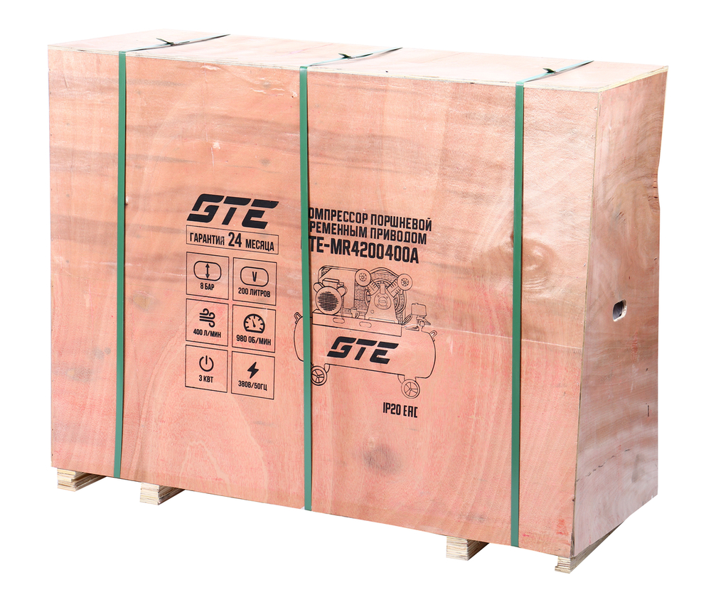 Компрессор пневматический 380В 3.0кВт 8атм. 400л/мин. ресивер-200л поршневой ременной GTE