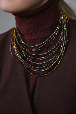 Колье каскад "Венеция" из венец.стекла,оттенки:золото,серебро,черный,коньяк,застежка из натур.кожи