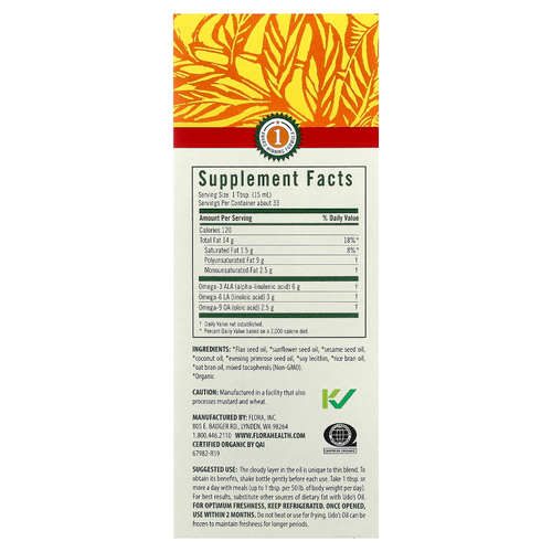 Flora, Organic Udo's Oil™, смесь 3, 6, 9, 500 мл (17 жидк. унций)