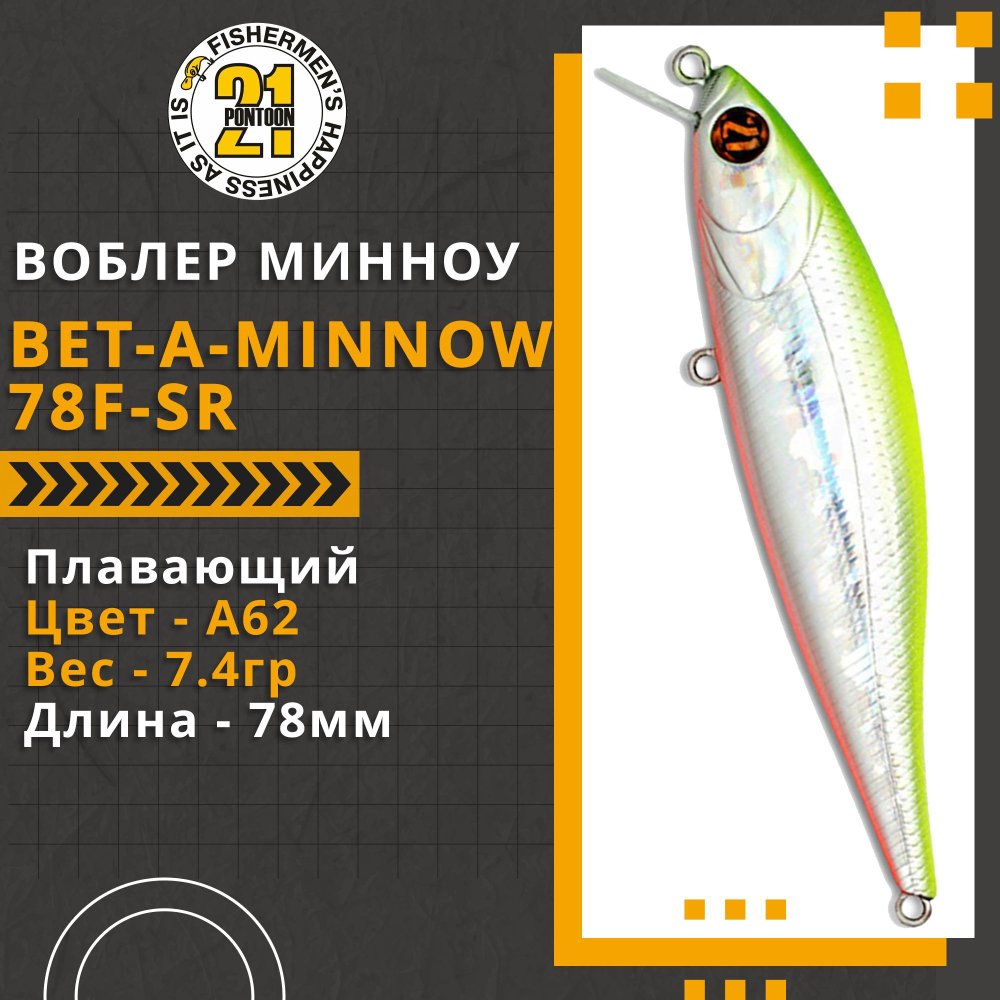 Воблер для рыбалки Pontoon21 Bet-A-Minnow 78F-SR, 78мм, 7.4 гр., 0.2-0.4 м., цвет A62