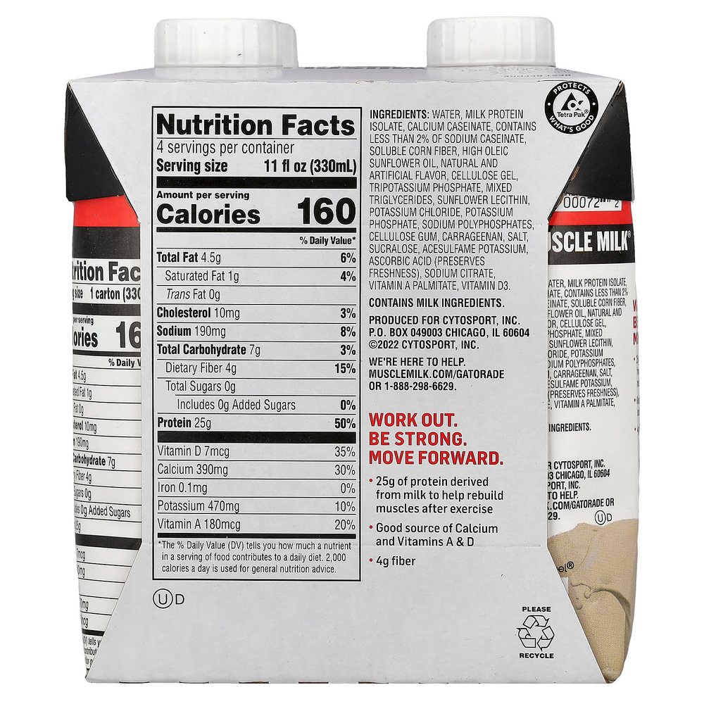 Muscle Milk, Genuine, Protein Shake, Vanilla Creme, 4 Cartons, 11 fl oz (330 ml) Each