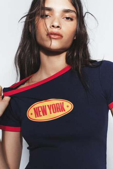 ZARA ФУТБОЛКА С НАДПИСЬЮ, СИНИЙ