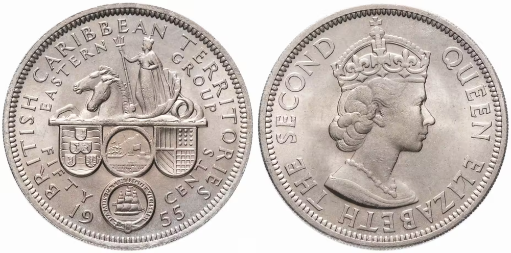 Восточные Карибы 50 центов, 1955 Королева Елизавета II VF