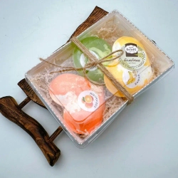 Набор бомбочек "Сердце апельсин XL, сердце банан XL + мыло лемонграсс"