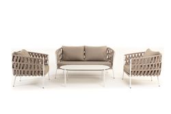 "Диего" лаунж-зона 4-местная плетеная из роупа (веревки), каркас алюминиевый белый, роуп бежевый