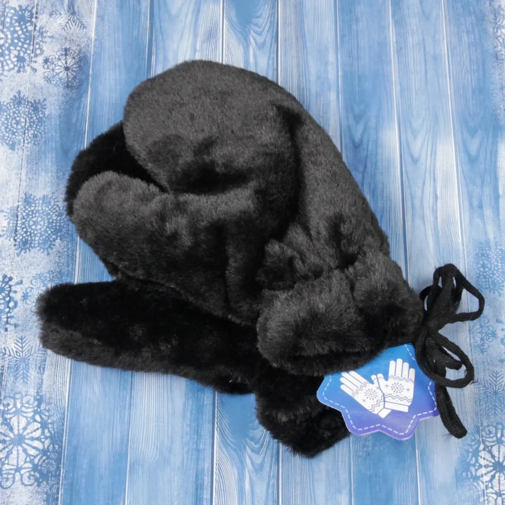 Варежки женские с мягким ворсом «Zima», цвет черный, эластичный манжет 6см, на шнурке, цвет чернильная ночь, 12,5*26см, ( пакет с подвесом)