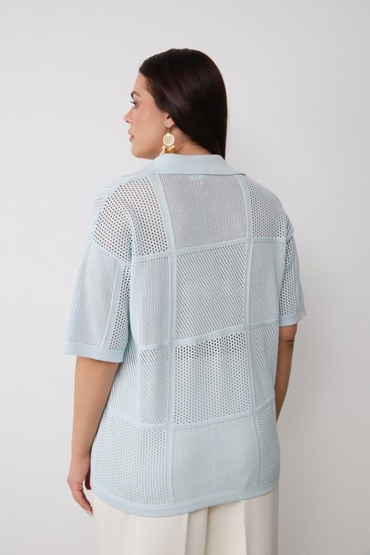 Рубашка вязаная ажурная на пуговицах, голубой