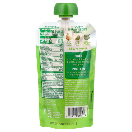 Happy Family Organics, Happy Tot®, клетчатка и протеин, для детей от 2 лет, органические груши, киви и кудрявая капуста, 113 г (4 унции)