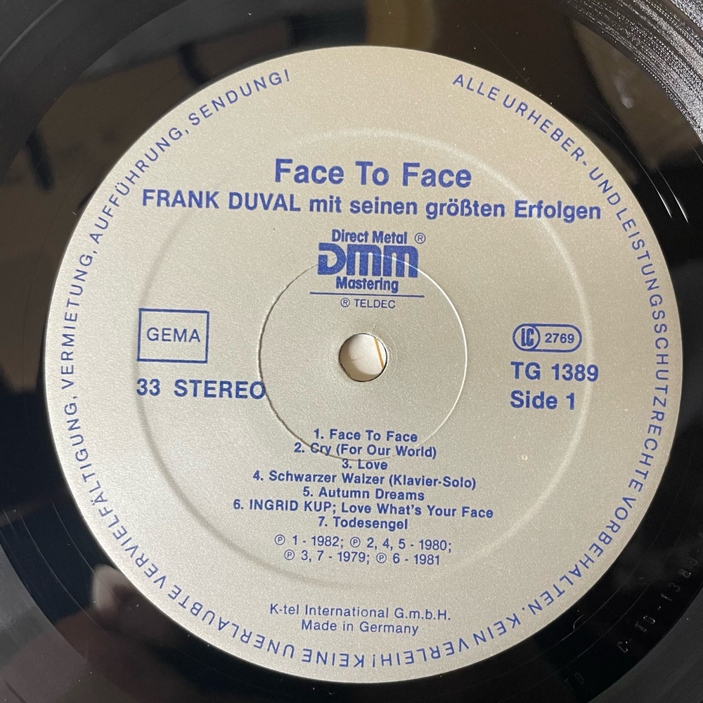 Винтажная виниловая пластинка LP Frank Duval, Face To Face (Frank Duval Mit Seinen Grosten Erfolge) (Германия 1982)