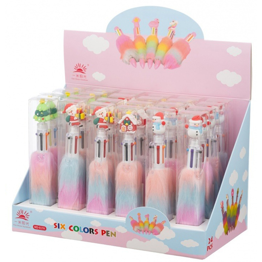 Ручка шариковая, автоматическая, 6в1, Basir, 6-ти цветная, серия "НОВОГОДНИЕ", с мехом на корпусе