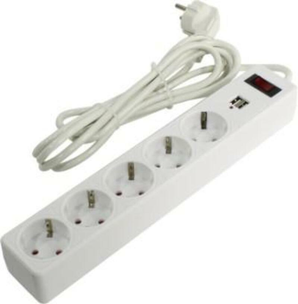 Сетевой фильтр Smartbuy с 2хUSB, 10A, 5 розеток, белый, 3 м.