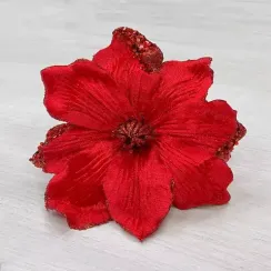 Декоративный цветок Магнолия 20 см., красный, на клипсе, Christmas DeLuxe (87314)