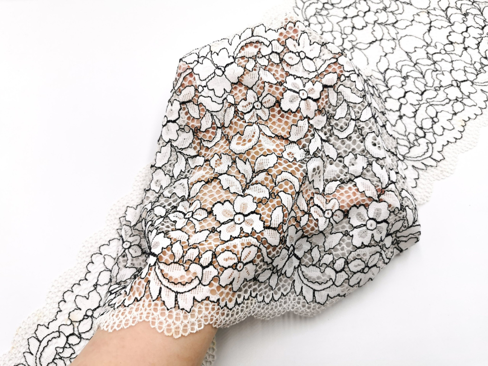 Эластичное кружево, молочно-черное, 23,5 см, (Арт: EK-2789), м