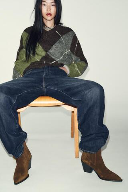 ZARA ЗАМШЕВЫЕ БОТИЛЬОНЫ В КОВБОЙСКОМ СТИЛЕ, КОРИЧНЕВЫЙ