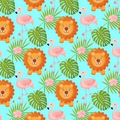 Детский образец с милыми животными и цветами джунглей. Лев и фламинго.