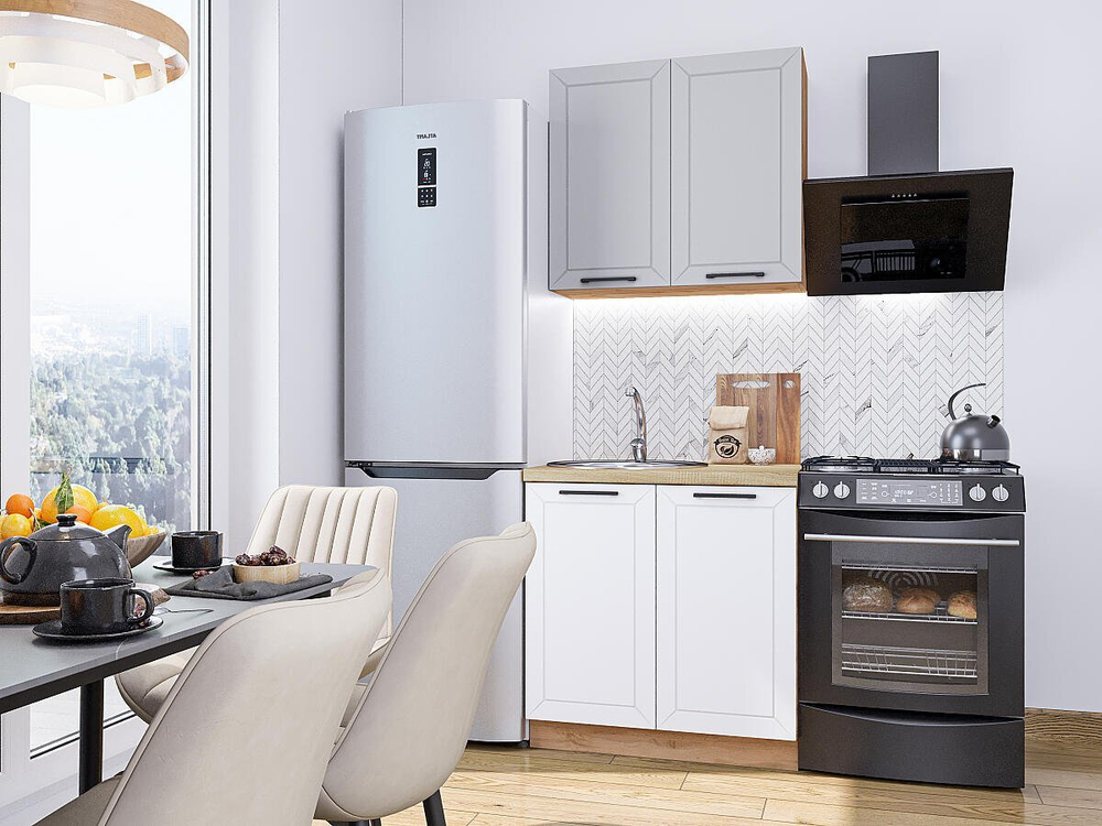 Прямая модульная кухня Глетчер-05 Гейнсборо Силк/Айленд Силк - Дуб Вотан 2140*800*600