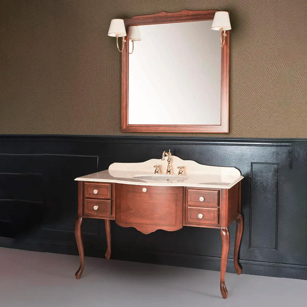 Комплект мебели LINOSA Тумба под раковину 121*58*80 см + Столешница 121*60*2 см с 3 отв. под смеситель, камень Aventino Tres + Смеситель на 3 отверстия с д/кл для раковины bronzato/ручки дерев + Зеркало в раме 98*100 см, орех