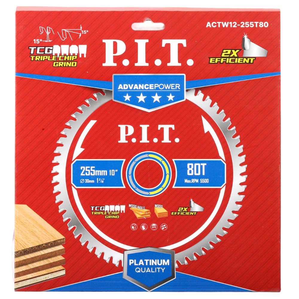 Диск пильный по дереву PIT  255x30x2,2 мм, 80T Carbide, зуб ATB 15° (ACTW12-255T80)