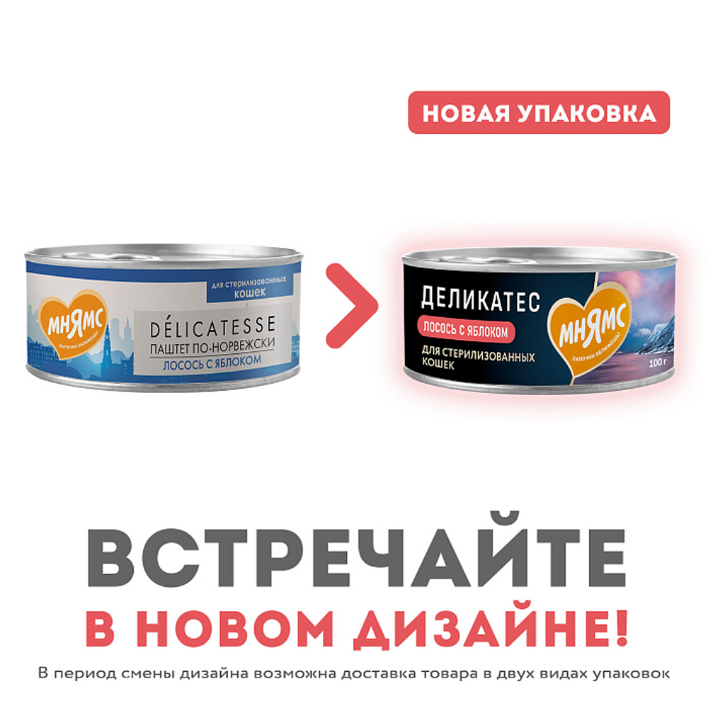 Влажный корм Мнямс Деликатес Лосось с яблоком для стерилизованных кошек "Паштет по-норвежски" 100 г