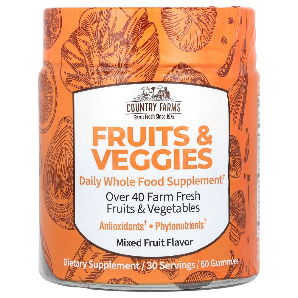 Country Farms, Fruits & Veggies, ежедневная цельнопищевая добавка, ассорти фруктов, 60 жевательных таблеток