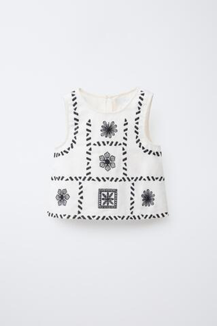 ZARA ТОП ИЗ СМЕСОВОГО ЛЬНА С ВЫШИВКОЙ, ЭКРЮ / ЧЕРНЫЙ