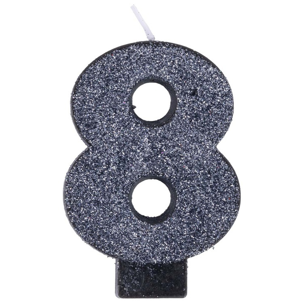 Свечи-цифры на торт в черном цвете с глиттером 8 см