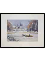 Картина авторская акварельная в паспарту 30х40 см на стену для интерьера "Зима в селе"