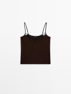 Massimo Dutti Топ в бельевом стиле с отделкой кружевом, шоколадный