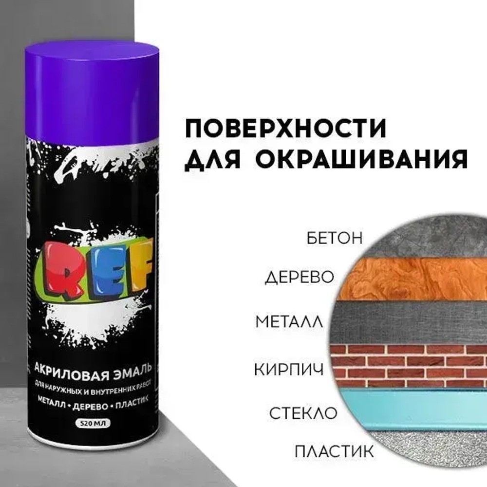 Акриловая краска аэрозольная 520 мл ФИОЛЕТОВЫЙ ГЛЯНЦЕВЫЙ, быстросохнущая, универсальная / REF / эмаль в баллончике, для декора, мебели, дерева, металла, стен