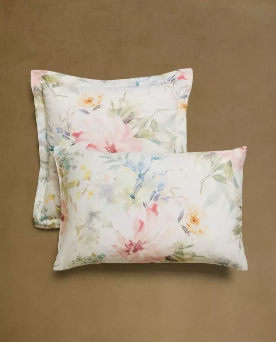 ZARA HOME НАВОЛОЧКА ИЗ САТИНА С ЦВЕТОЧНЫМ ПРИНТОМ, ЭКРЮ