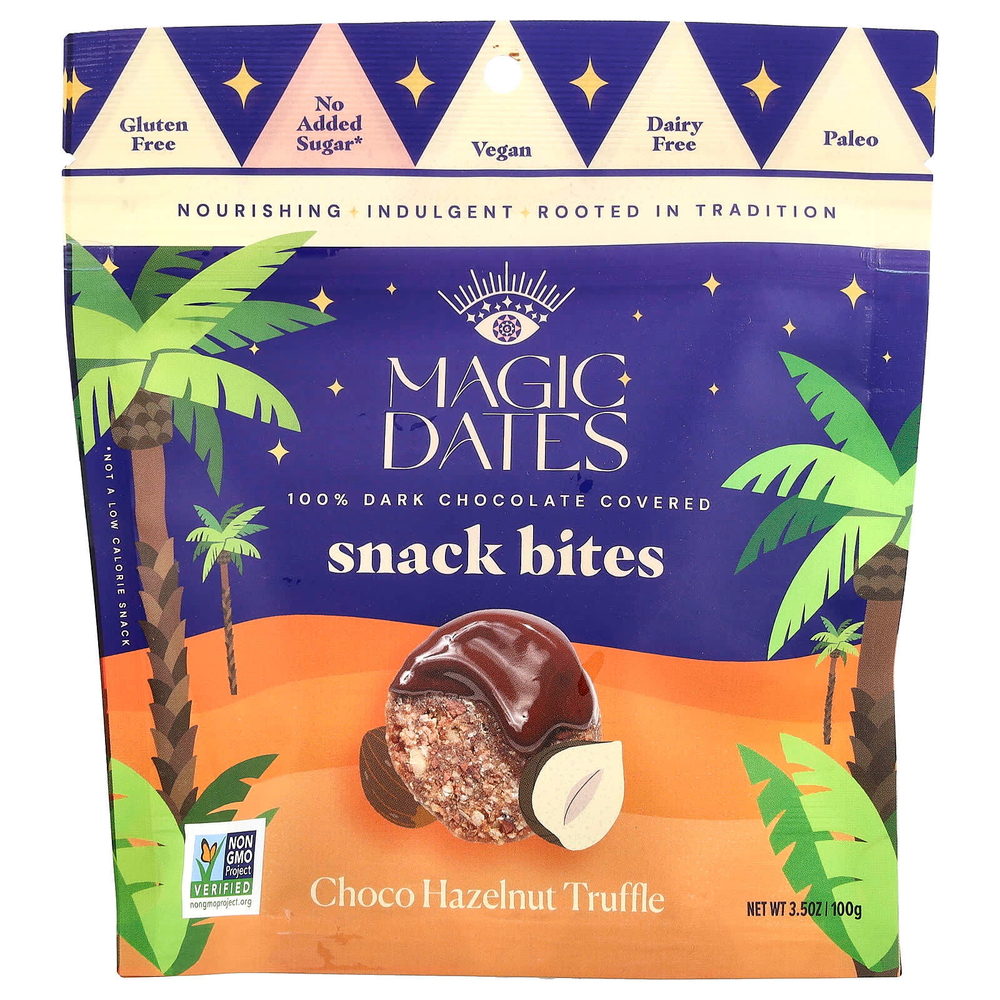 MAGICDATES, Snack Bites, покрытый 100% темным шоколадом, шоколадный трюфель с фундуком, 100 г (3,5 унции)