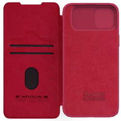 Кожаный чехол книжка красного цвета от Nillkin для смартфона iPhone 15, серия Qin Pro Leather с защитной шторкой для камеры