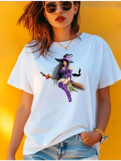 Футболка ведьма на метле с розой. Хэллоуин