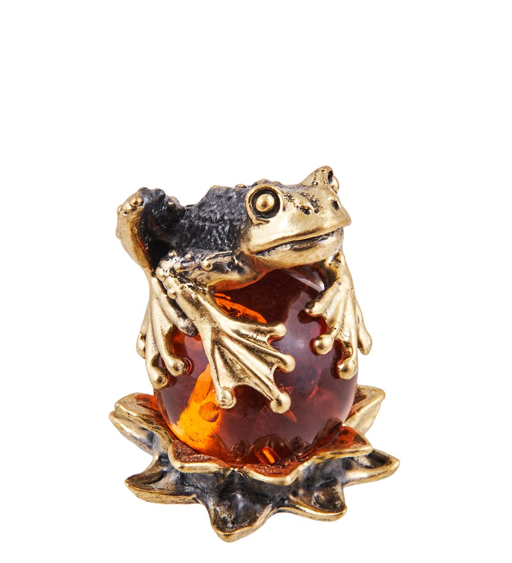 Народные промыслы AM-3690 Фигурка «Лягушка на лотосе» (латунь, янтарь)