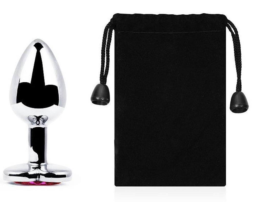 Серебристая анальная пробка с розовым кристаллом-сердечком - 7 см. (Цвет: розовый)