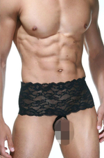 Мужские трусы с открытой интимной зоной и широким кружевным поясом (Размер: L-XL) (Цвет: черный)