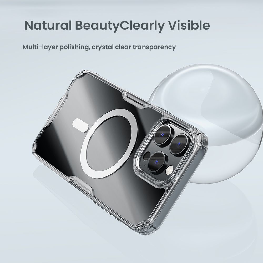 Прозрачный чехол от Nillkin с поддержкой магнитной зарядки MagSafe для iPhone 16 Pro, серия Nature TPU Pro Magnetic Case