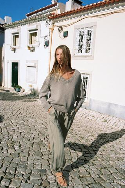 ZARA БРЮКИ-БОМБАШКИ С ЭЛАСТИЧНЫМ ПОЯСОМ, СЕРО-КОРИЧНЕВЫЙ