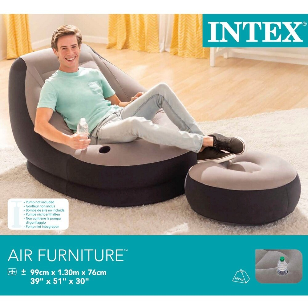 Кресло надувное Intex 68564 Ultra Lounge 137х102х79 см с пуфиком / Шезлонг надувной Интекс велюровый с подстаканником для дома и дачи
